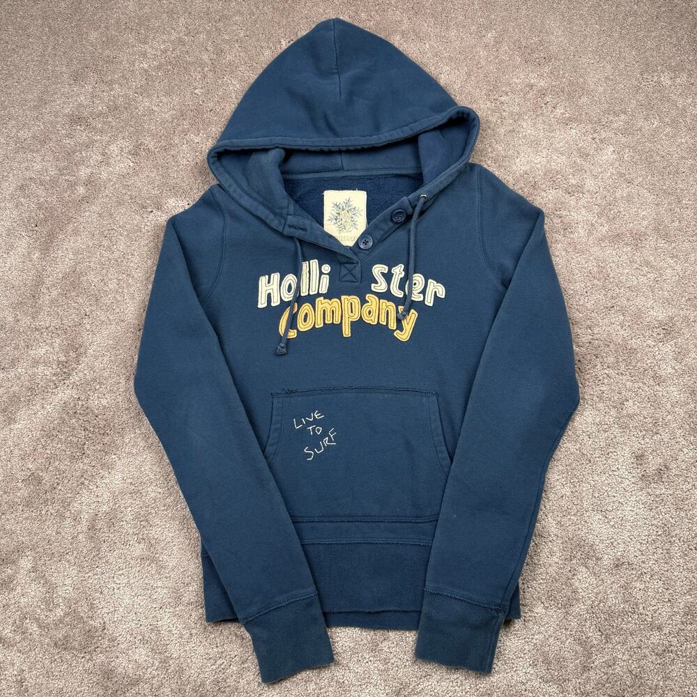 Hollister Size M Navy Hooded Sweatshirt Half Button Surf Graphic Pullover Y2K